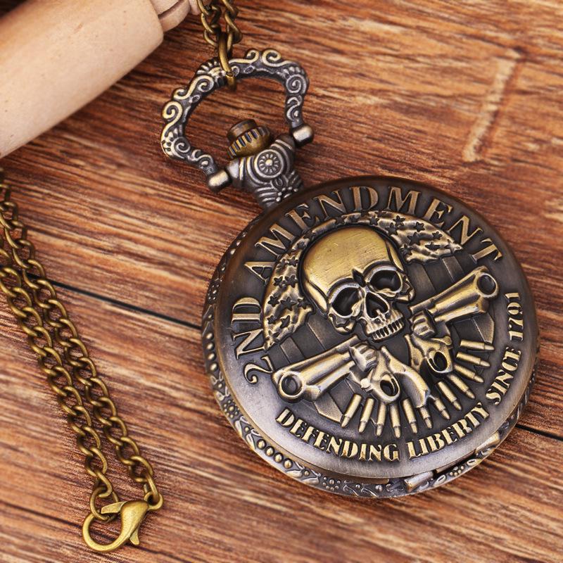 Vintage Antique Bronze Ghost Skull Pocket Watch Necklace with Double Guns Design