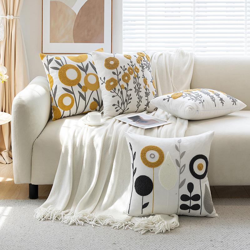 Modern Simple Flower and Plant Towel Embroidered Celebrity Decorative Pillow Case Nordic Ins Sofa Bedside Sofa Living Room Pillow