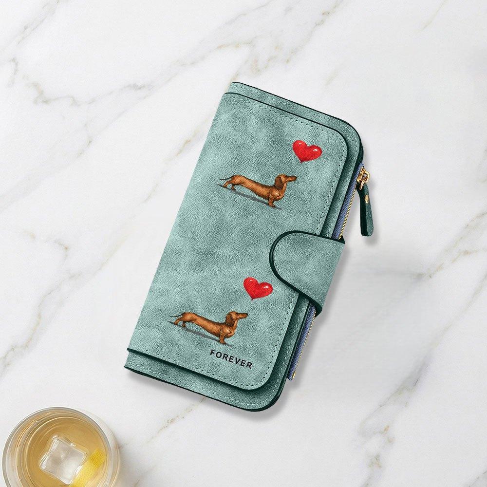 Portafoglio lungo alla moda con design stampato di bassotto e palloncino a forma di cuore, portamonete portatile multifunzionale accattivante con chiusura, grande