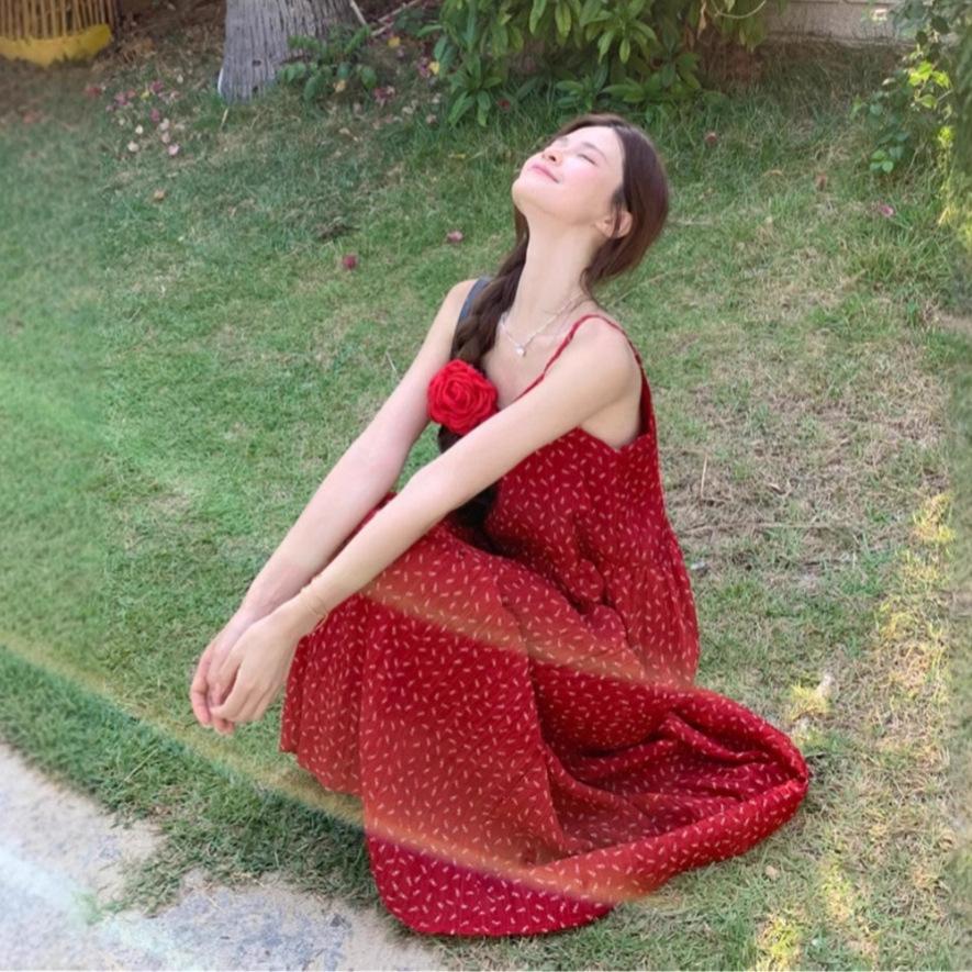 French retro suspender dress women's summer red floral gentle temperament waist medium and long seaside vacation dress
