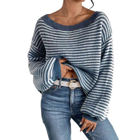 Women Sweater Off Shoulder Oversized Long Sleeve Knit Pullover Top Loose Fit Striped Print Soft Stretchy Knitting Tops