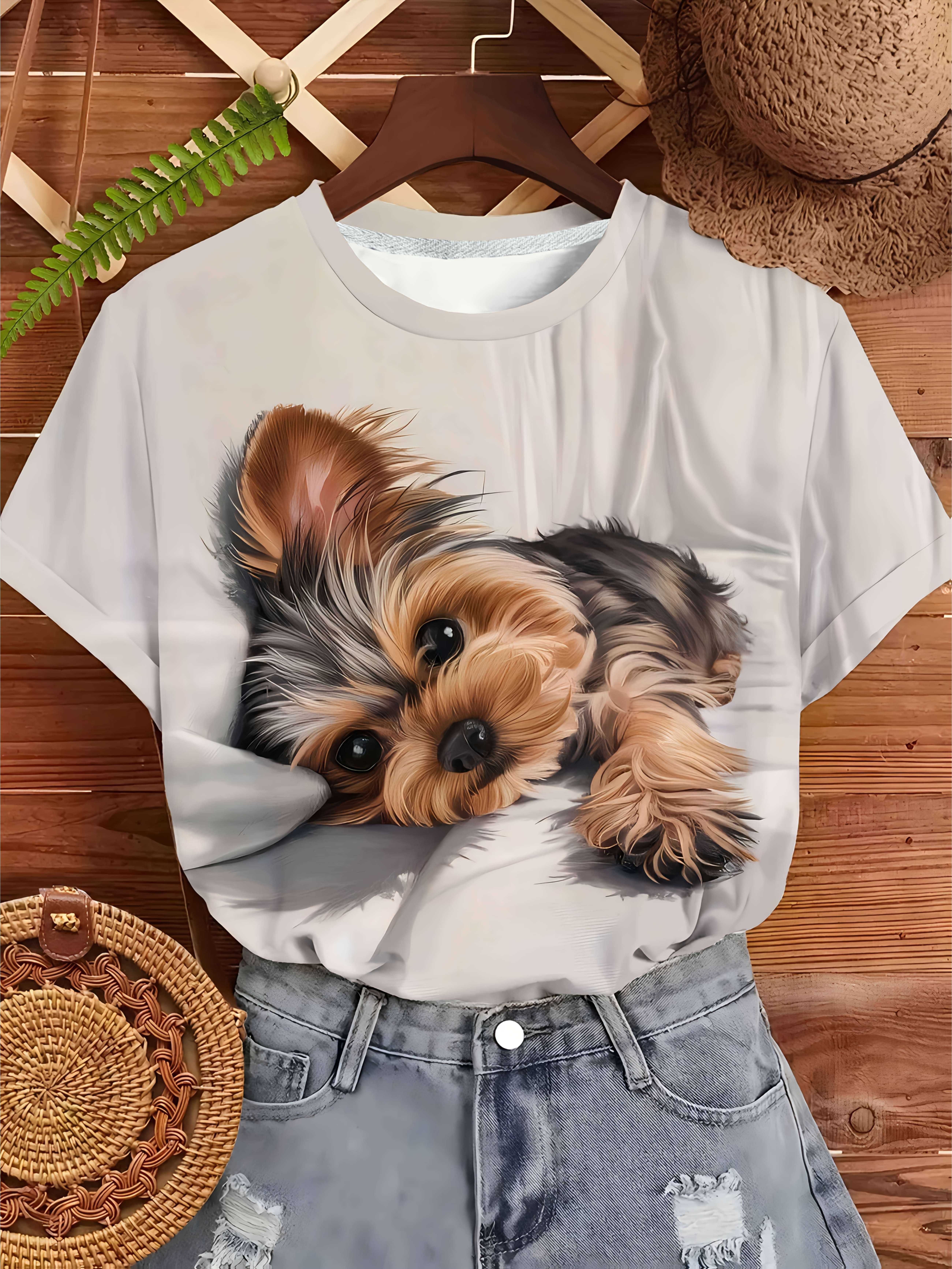 New Women s Short Sleeve - Women s Round Neck Short Sleeve T-Shirt - Cute Yorkshire Terrier Dog Pattern Print. [Printed Design - Not Textured] Co M дубильная кора