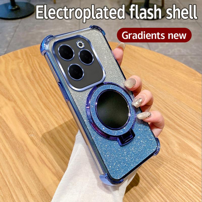 Plating Shockproof Stand Ring Mirror Phone Case For Infinix Hot 40 Pro 30 30i 40i 50i 10S NFC 10 Lite 9 Play Glitter Soft Cover