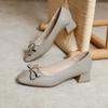 Spring 2025 new square head medium heel single shoes women's thick heel high heels temperament soft leather fashion bow women's shoes