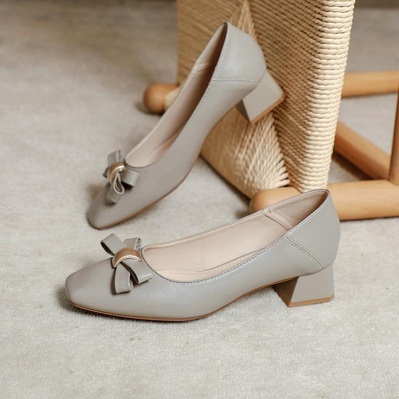 Spring 2025 new square head medium heel single shoes women's thick heel high heels temperament soft leather fashion bow women's shoes