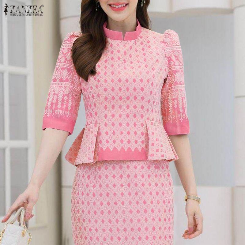 ZANZEA Women Casual Stand Collar Loose Half Sleeve Print Blouse
