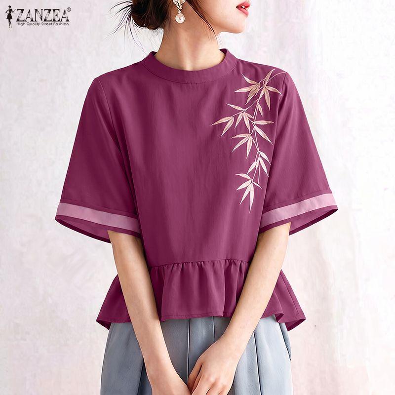 ZANZEA Women Casual Round Neck Floral Embroidery Loose 3/4 Sleeve Blouse