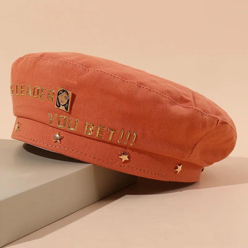 Spring Golden Letter Beret Women's British Hat Japanese Painter Caps Berets Cotton Sunscreen Accessories Male and Female