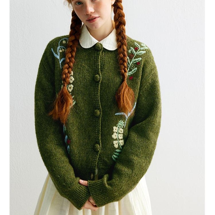 Dimanaf 2025 Autumn Green Sweaters Cardigan Pockets Women Embroidery Pattern Printing Buttons Sweaters Knitting Loose Sweater