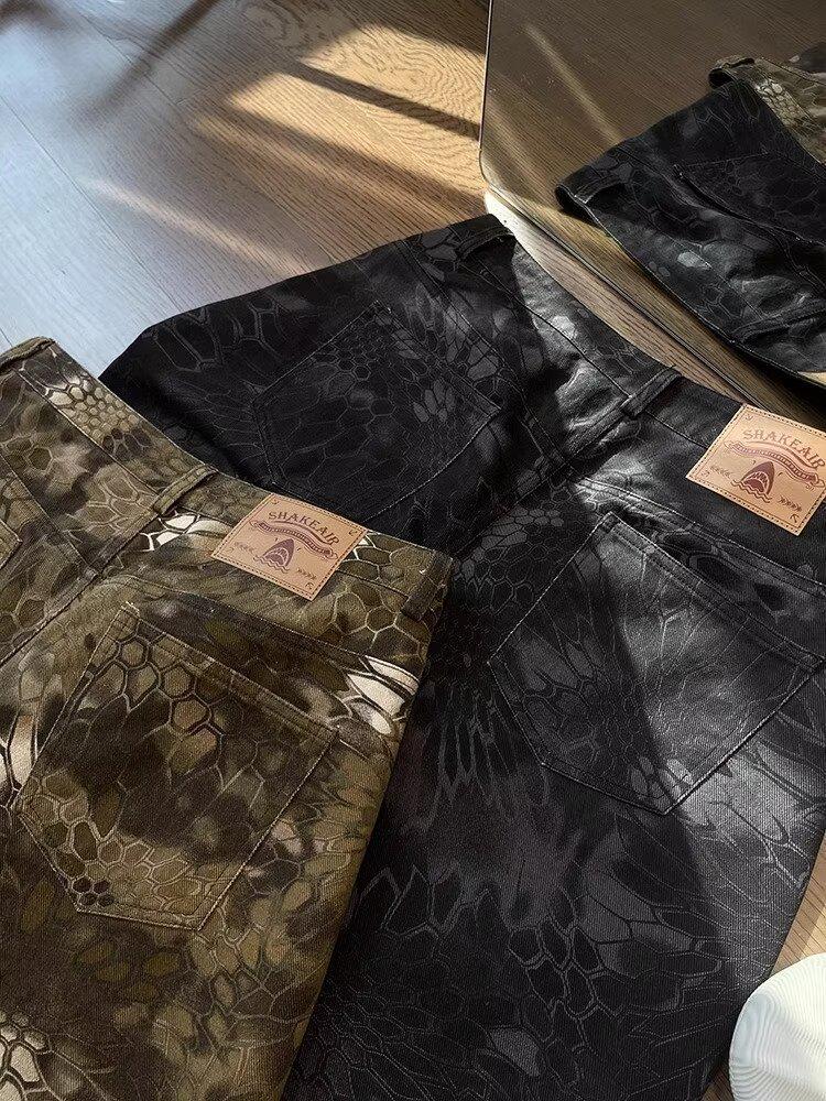 Men's Versatile Retro Snake Print Camo Jeans - Loose, Casual, Wide-Leg
