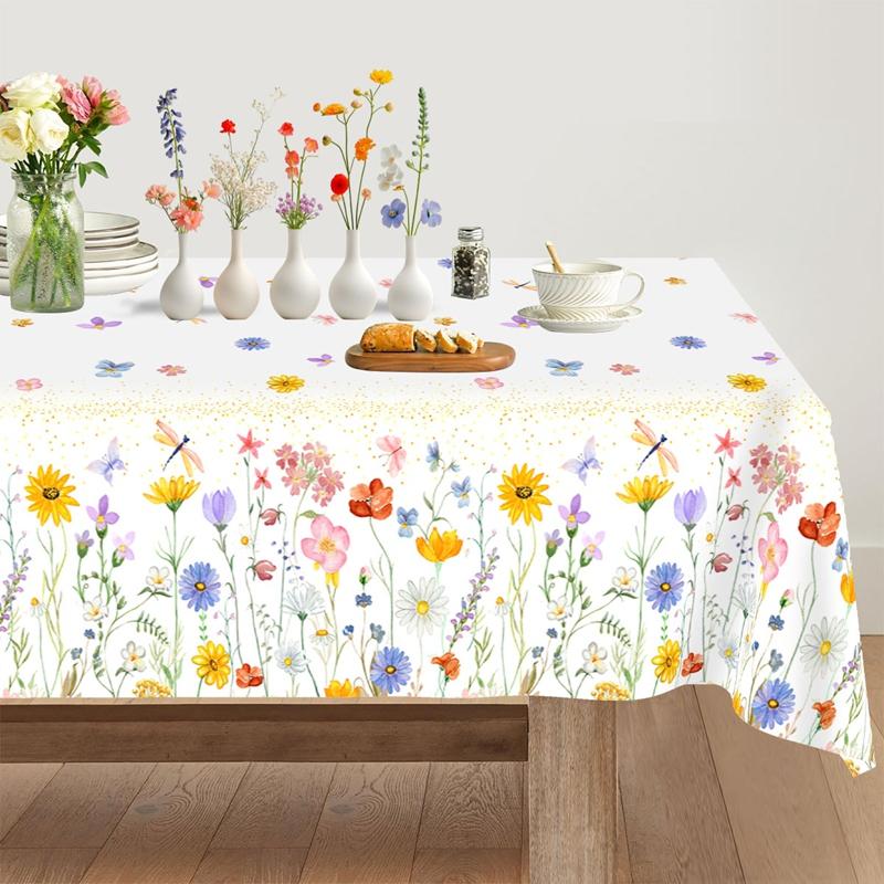 Spring Wildflowers Plastic Tablecloth Floral Grass Tablecover for Weddings, Mother's Day, Birthdays, Seasonal Spring Party Decor