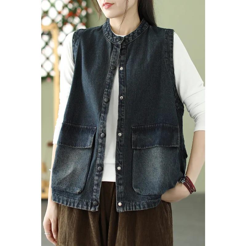 

Spring Dark Wash Denim Vest for Womens Sleeveless Button Down Jacket S