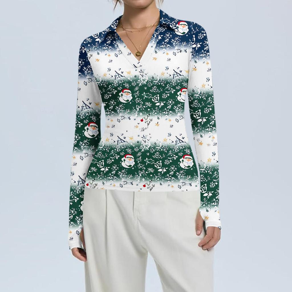 Damenmode Lässig Weihnachts-Print V-Ausschnitt Langarm Knopfleiste Oberteil