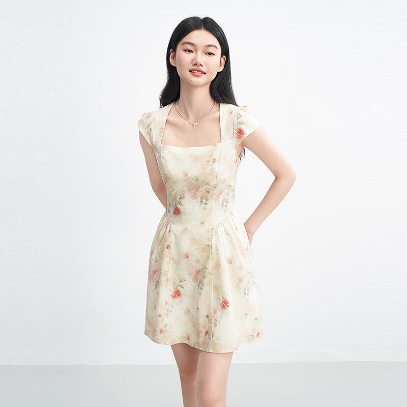 

Leding Tie-Dye Floral French Trapezoidal Neck Dress L