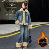 Girls' High-Quality Quilted Denim and Lamb Wool Winter Set - Fleece-Lined Jacket and Coat