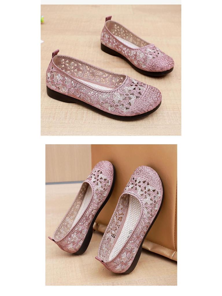 Women's Breathable Mesh Slip-On Shoes - Summer Embroidered Soft Sole, Non-Slip for Middle-Aged & Elderly
