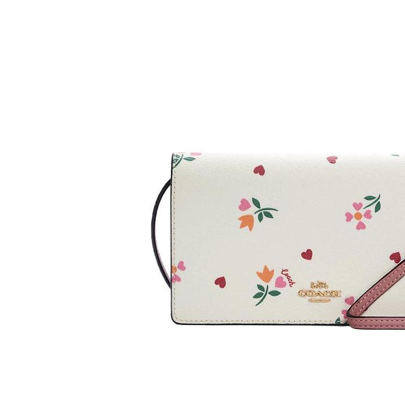 Coach Anna 20 Heart Floral Print Flap Coated Canvas And Leather Crossbody Bag Small Women Crossbody Bag Pink White C7657-IMCAH