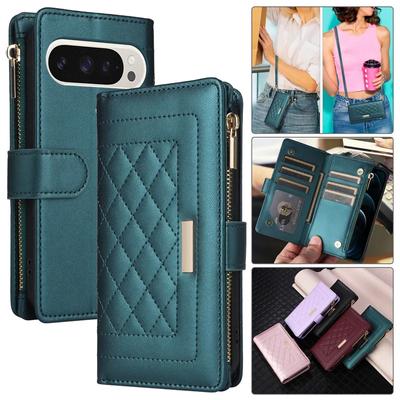 Pour Google Pixel 9 Pro XL 8 8A 7 7A 6A Cordon Bandoulière Portefeuille Zippé en Cuir Fentes pour Cartes Étui de Téléphone Corde Poignet Housse à Rabat avec Support