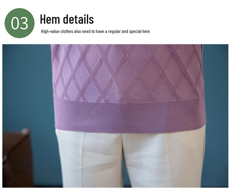 Elegant Summer Knit T-Shirt: Women's Loose Lapel Pullover, Short Sleeve Top for Middle-Aged & Elderly Moms