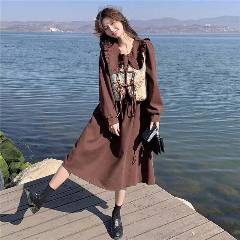 

Художественное ретро китайское платье: Женский комплект с длинным рукавом на 2024 год: лесная юбка и жилет для морского побережья XS хаки