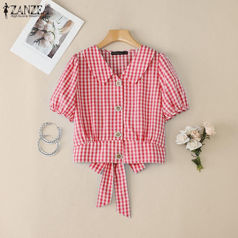 

ZANZEA Women Summer Turn Down Collar Short Sleeve Plaid Print Blouse S хакі