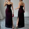 Women's Spaghetti Strap Mesh Ruched Split Maxi Dress Sweetheart Neck Bodycon Party Evening Dress