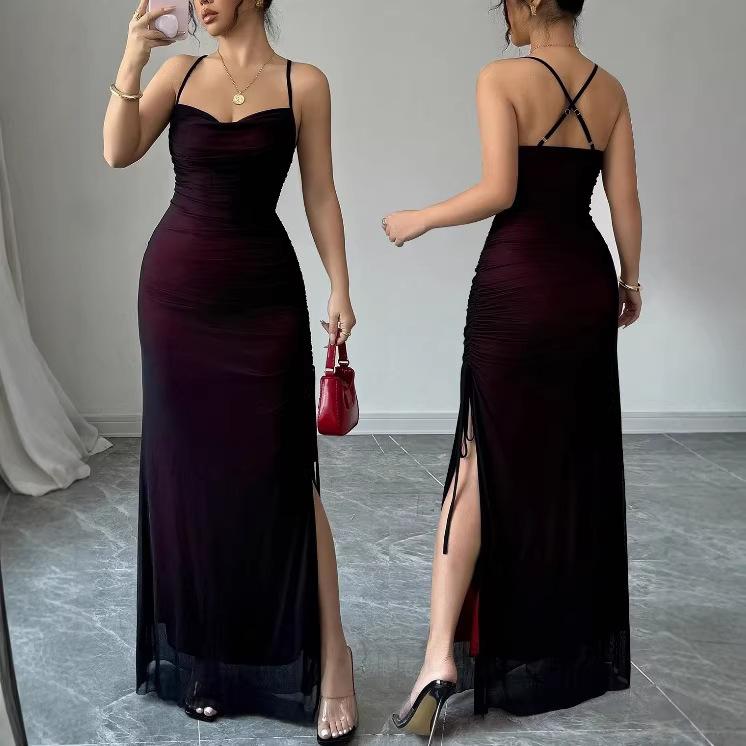 Women's Spaghetti Strap Mesh Ruched Split Maxi Dress Sweetheart Neck Bodycon Party Evening Dress