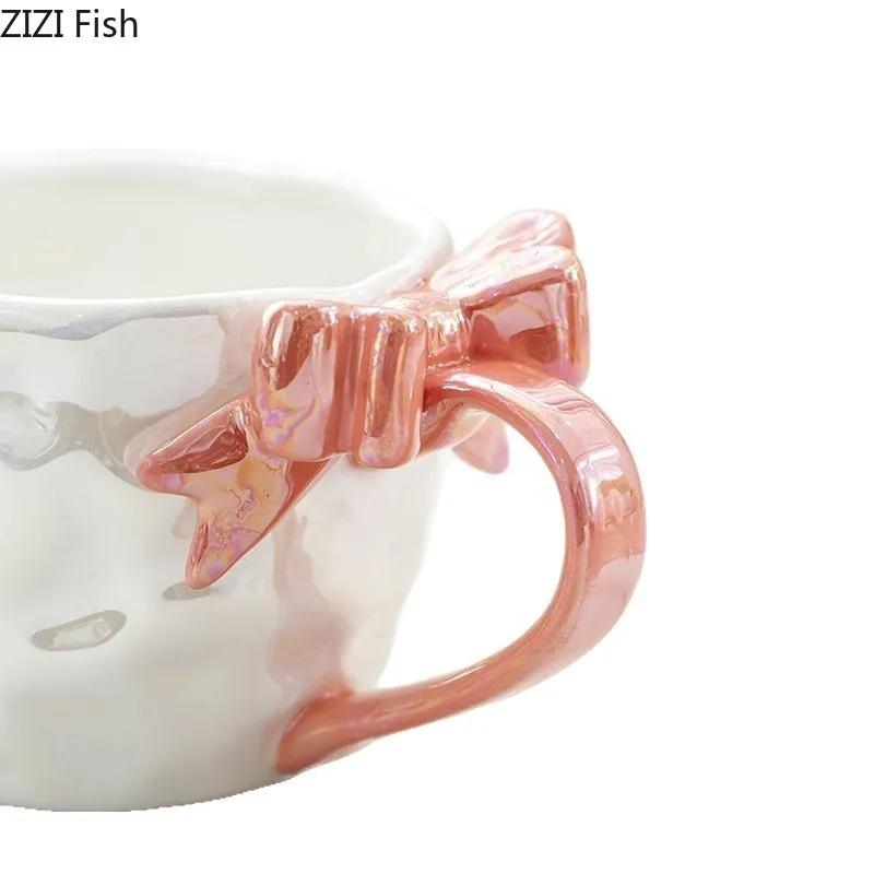 Pearl Color Glazed Porcelain Cups Lovely Bowknot Cup Handle Coffee Mug Dining Table Milk Mugs Afternoon Tea Teacup Juice Cup
