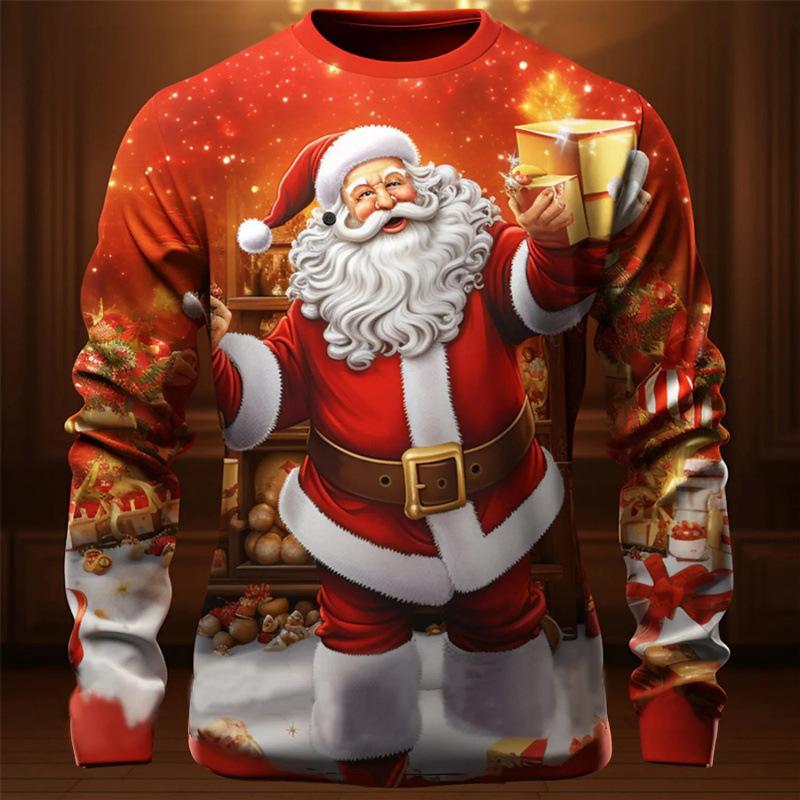New Men's Long Sleeved Round Neck T-shirtr Autumn Winter Christmas 3D Digital Printed Christmas Tree T-shirt