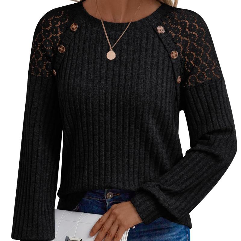 Long Sleeves Women's Round Neck Solid Color Hollow Button Long Sleeve Casual Splicing Top