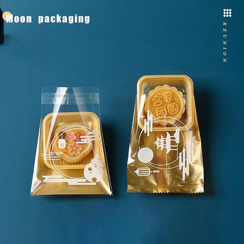 100Pcs Square Moon Cake Trays Mooncake Packaging Bag With Cover Food Container Holder Gold Plastic Cake For Cookie Egg Tart