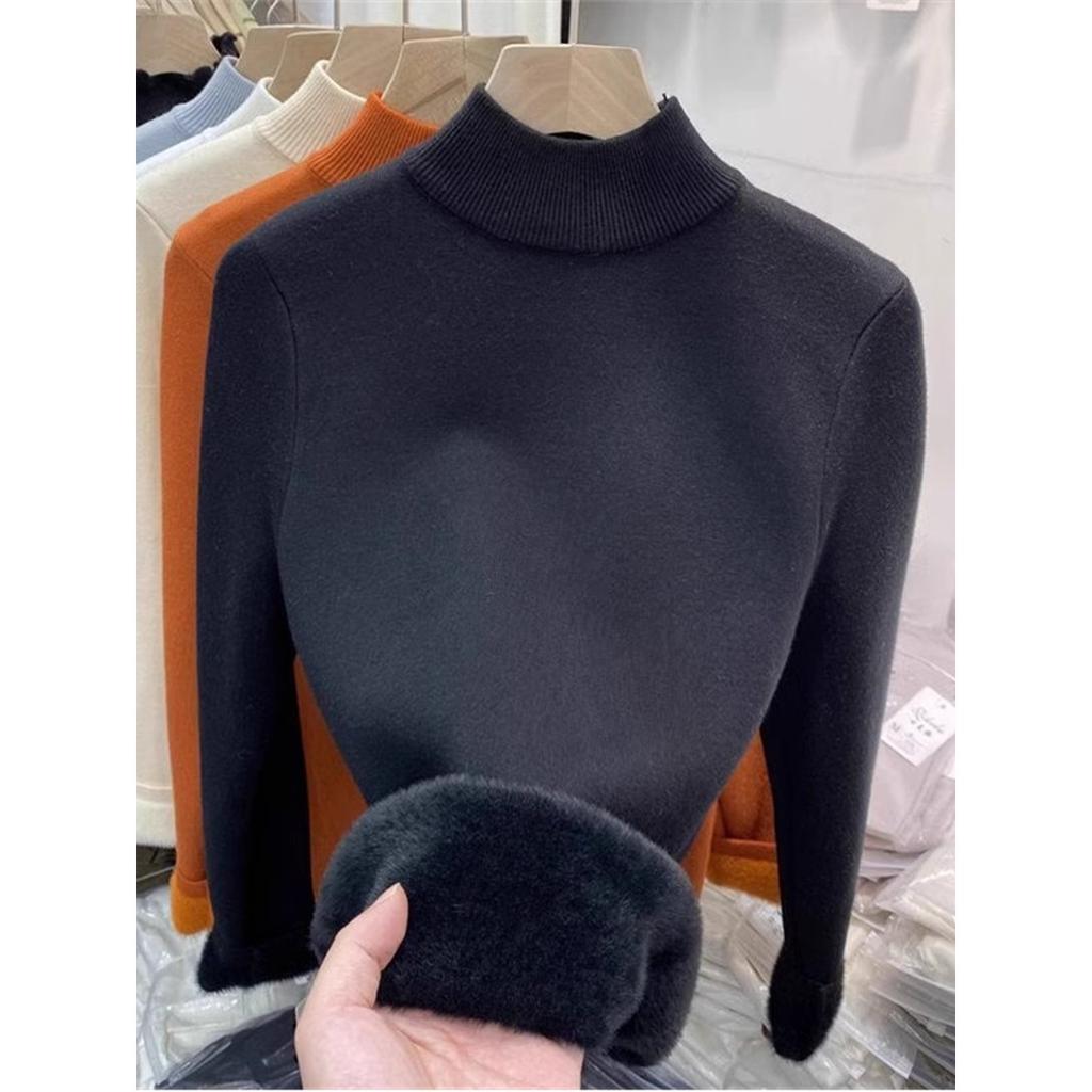 High-end Small Stand-up Collar Stacked To Wear an Integrated Fleece Sweater for Women's Autumn and Winter Basic Milk Ruffle Bottomed Knitted 