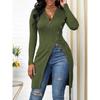 Women's Solid Color Long Sleeve Zip V Neck High Slit Long Ribbed Shirt