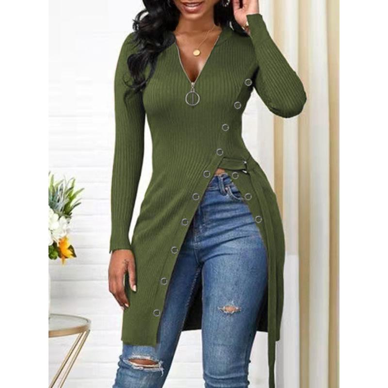 Women's Solid Color Long Sleeve Zip V Neck High Slit Long Ribbed Shirt