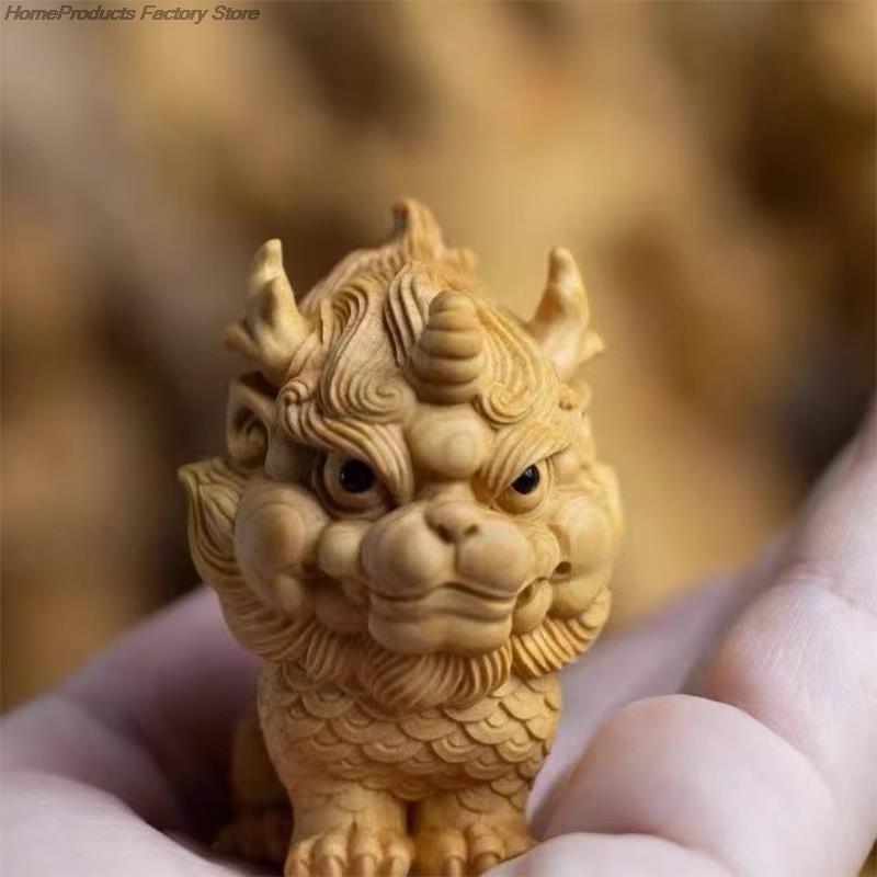 Wood Carving Crafts Auspicious Kirin Small Statue Lucky Mascot Chinese Fortune-making Evil-repelling God Beast Home Art Statue