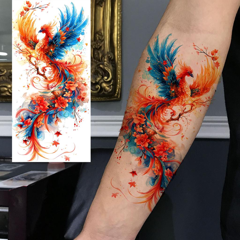 1 Sheet Phoenix Watercolor Temporary Tattoos For Women Girls Fake Covers Up Water Transfer Tattoo Sticker Adults Arm Waist Thigh