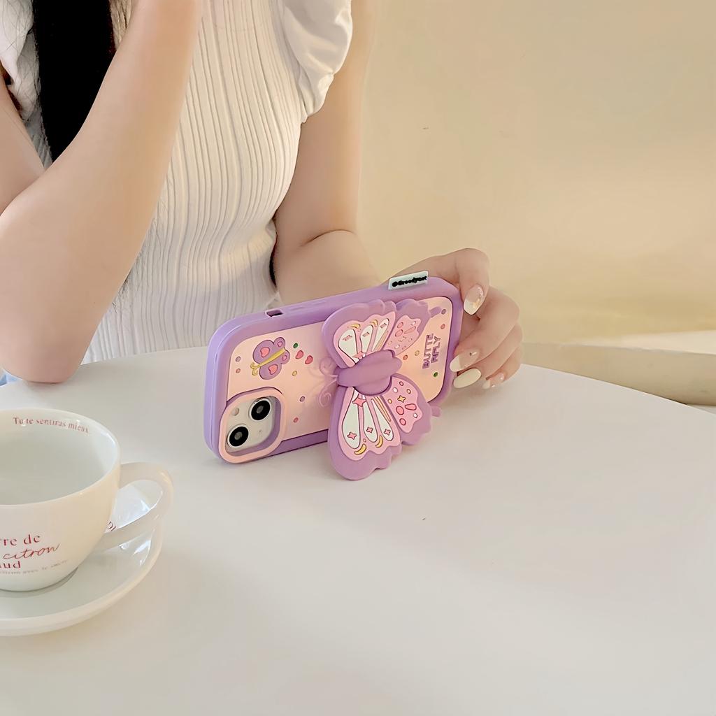 For iPhone 15 Silicone Case Cute Butterfly Kickstand Design Shockproof Phone Back Cover