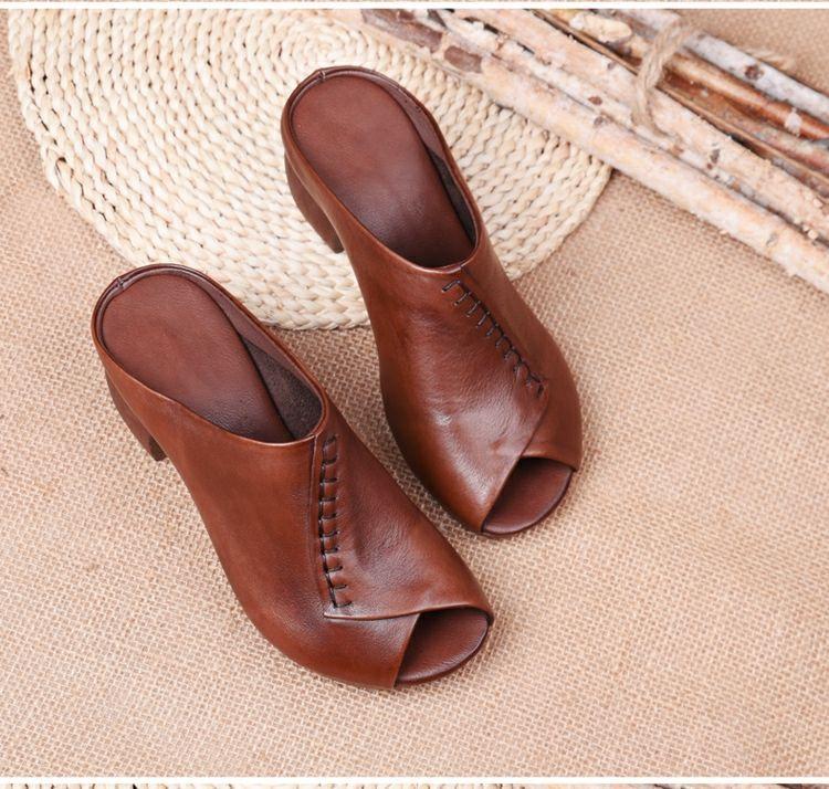 Thick-Heeled Soft Leather Outer Slippers Fish Mouth Comfortable Versatile Mid-Heeled Women Sandals Women'S Mother'S Shoes Women