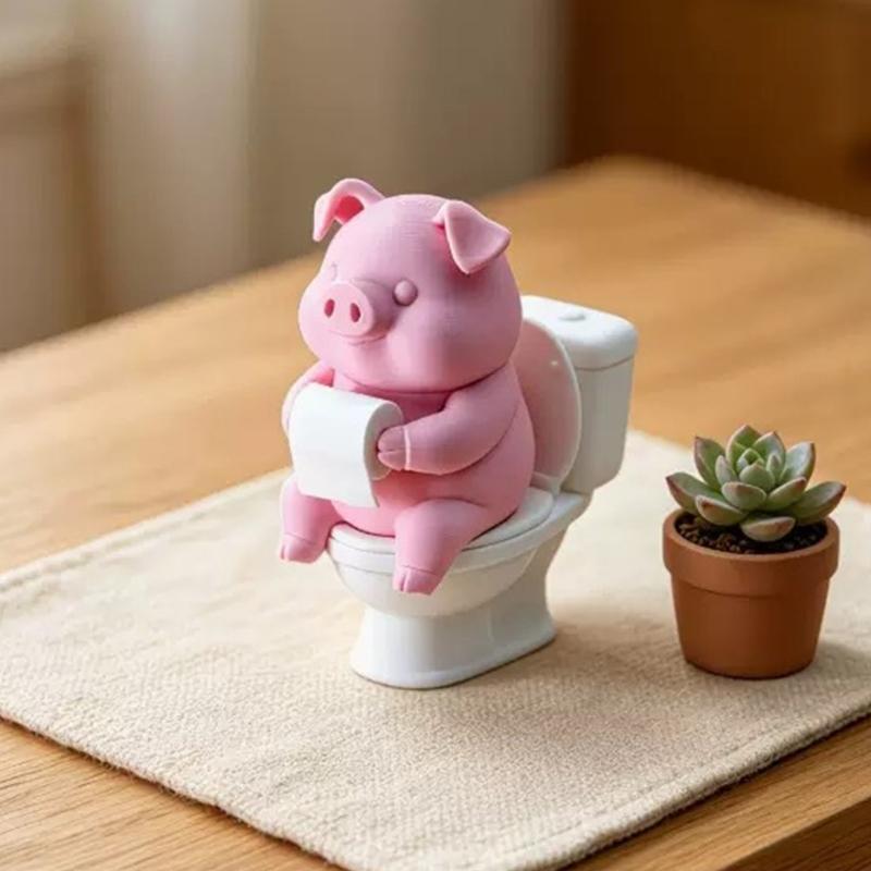 Funny Shelf Decors Pig On Toilet Figurine, 3D Printed Small Bathroom Counter Accent for Sink Area Styling, Desk Display, Bookshelf Decors, and Space