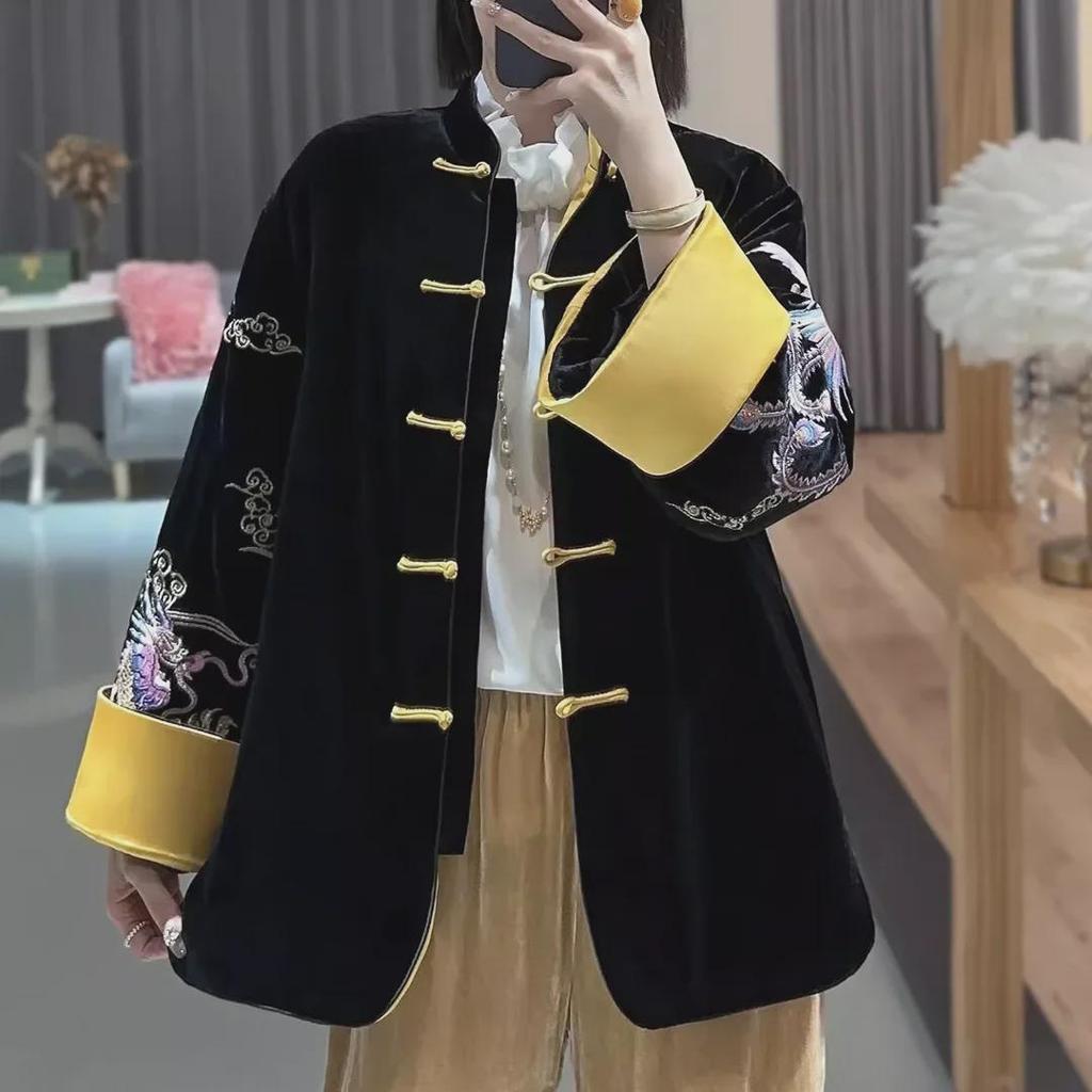 Women's Retro Dragon & Phoenix Embroidered Velvet Jacket - Warm, Quilted, Cotton-Padded for Autumn/Winter