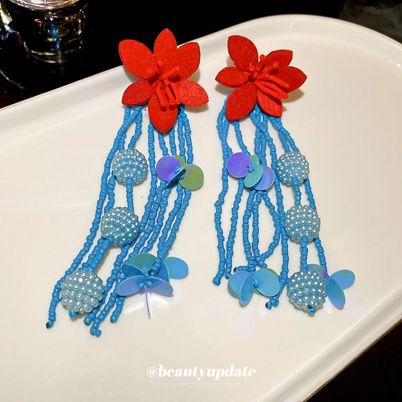 Silver needle small fresh red and blue flower rice beads beaded long fringed earrings ins fashion earrings atmosphere earrings