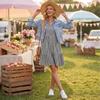 Women's V Neck Plaid Flared Sleeve Loose Fit Pullover Bohemian Vacation Dress Mid Length Casual Summer Dress