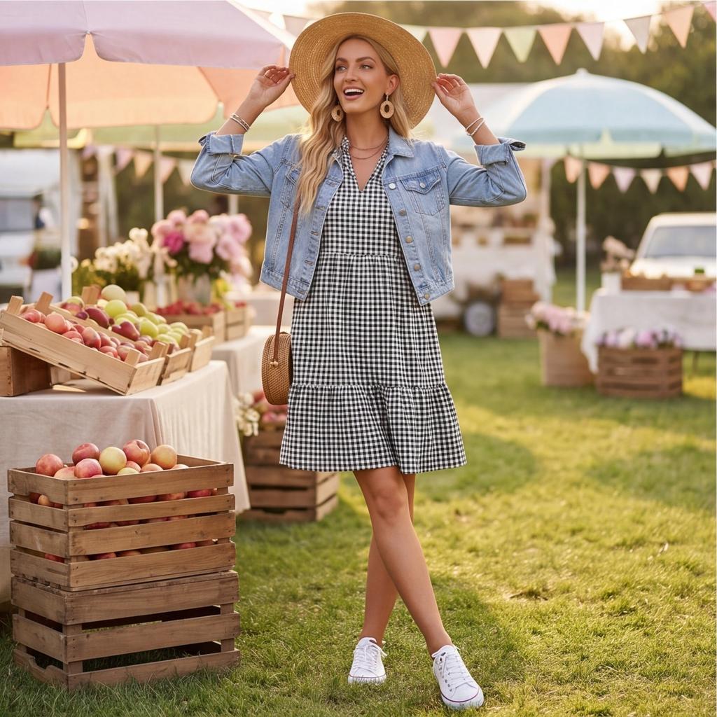 Women's V Neck Plaid Flared Sleeve Loose Fit Pullover Bohemian Vacation Dress Mid Length Casual Summer Dress