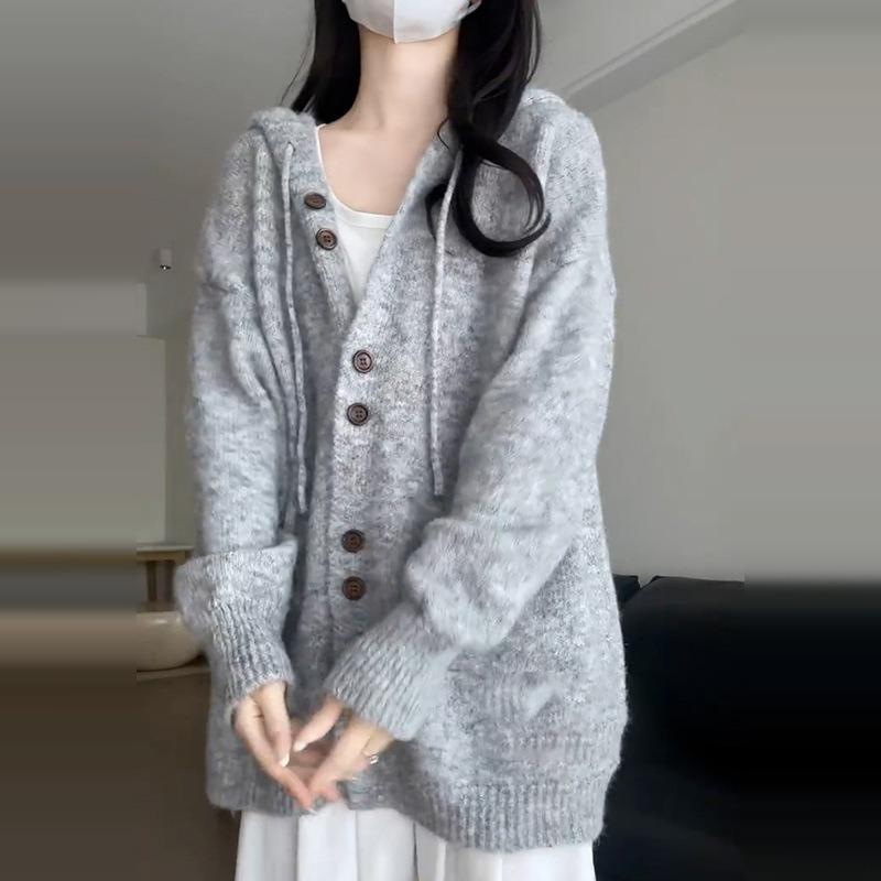 

Lazy wind button-knitted cardigan sweater women s soft waxy coat autumn and winter hooded casual simple bottoming top L серый