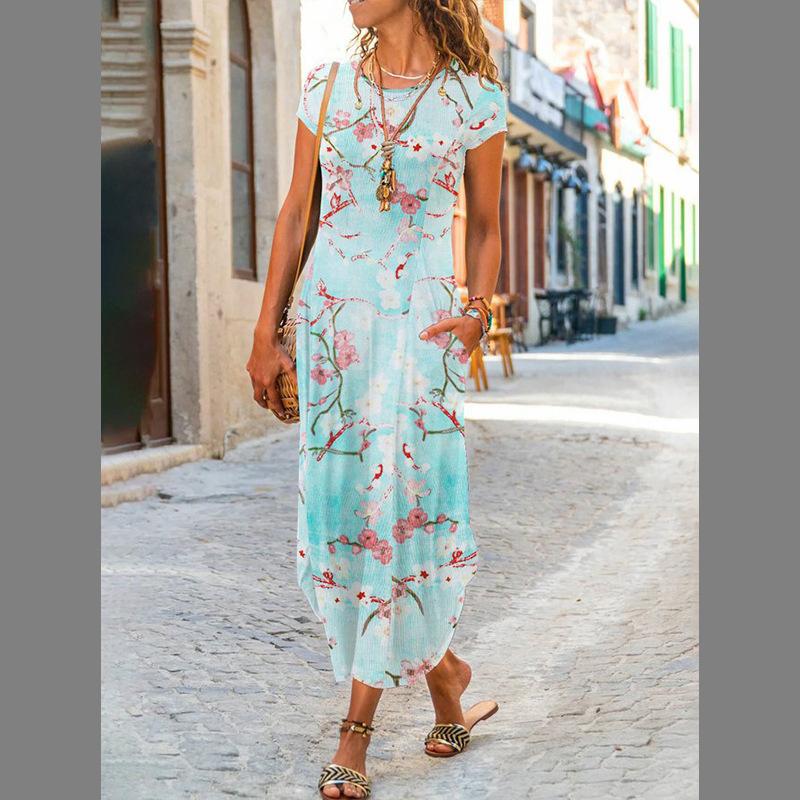 

Модное повседневное женское платье с круглым вырезом и карманами в европейском и американском стиле с короткими рукавами и рисунком с принтом S