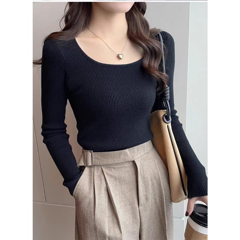 Fashion Women's Solid Square Collar Sweater Autumn Winter Long-sleeved Inner Top Slim Bottoming Knitted Sweaters Casual Pullover