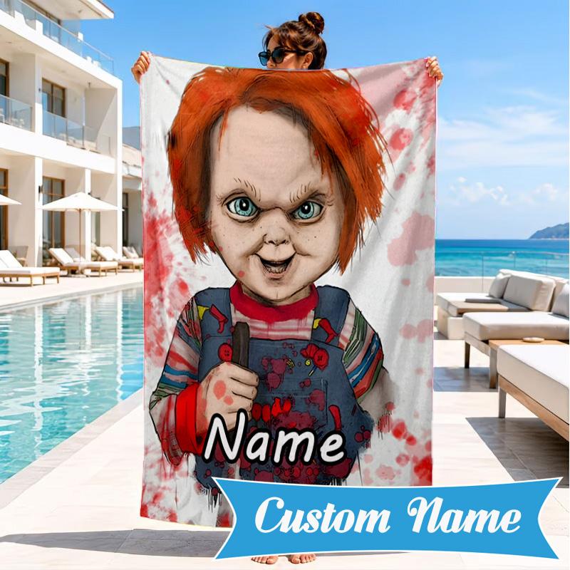 Custom Name Chucky's Bloody Invitation Beach Towel Microfiber Beach Towel, Lightweight and Quick-Dry, for Summer Travel, Swimming Pool Gift