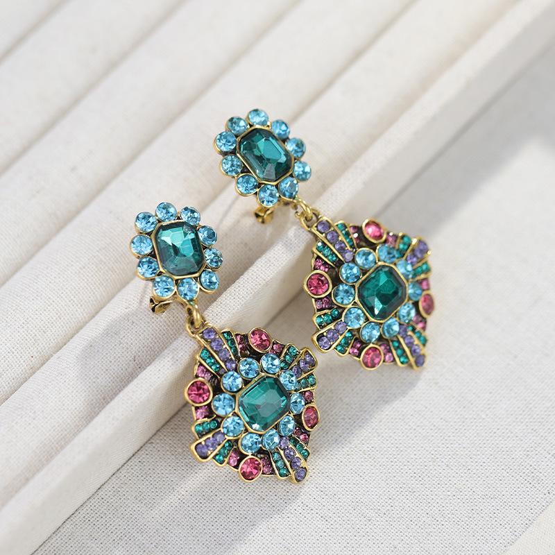 Colorful Geometric Zircon Long Earrings For Women, Sand Plated Vintage High-End Jewelry Gift