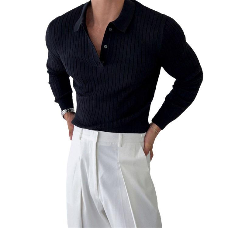 Men's Korean Style Polo Knit Sweater - Solid Color, Long Sleeve, Mature Autumn/Winter Top