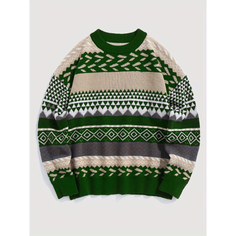 New Warm and Retro Knitted Sweater for Autumn and Winter, with A Round Neck and Contrasting Diamond-shaped Pattern, Is A Versatile Sweater for Women